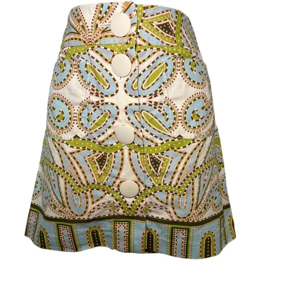 J.Crew Cotton Printed A-Line Skirt Green Blue Button Front 2 - Picture 3 of 5